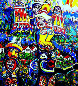 Brain Scott Fine Arts Canadian Oil Painter-Alert Bay Totems 36 x 36