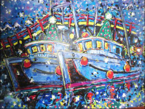 Brain Scott Fine Arts Canadian Oil Painter-Christmas Fish Boats 24 x 36