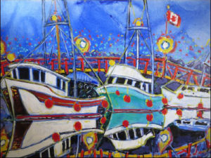 Brain Scott Fine Arts Canadian Oil Painter-Fords Cove-Sun Corona-Grant Scotts Fishboat 30 x 40