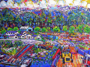 Brain Scott Fine Arts Canadian Oil Painter-Frazer Bay Log Sort 30 x 40