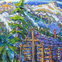 Brain Scott Fine Arts Canadian Oil Painter-Prospectors Cabin-Circlet Lake and Mount Albert Edward 30 x 40